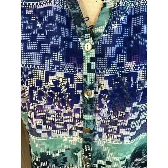 Millennium XL Multicolor Geometric Print Button Down Sheer Blouse Sleeveless - Picture 2 of 6